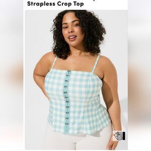 TORRID Blue Checked Fit And Flare Button Up Strapless Plus Size Crop Top